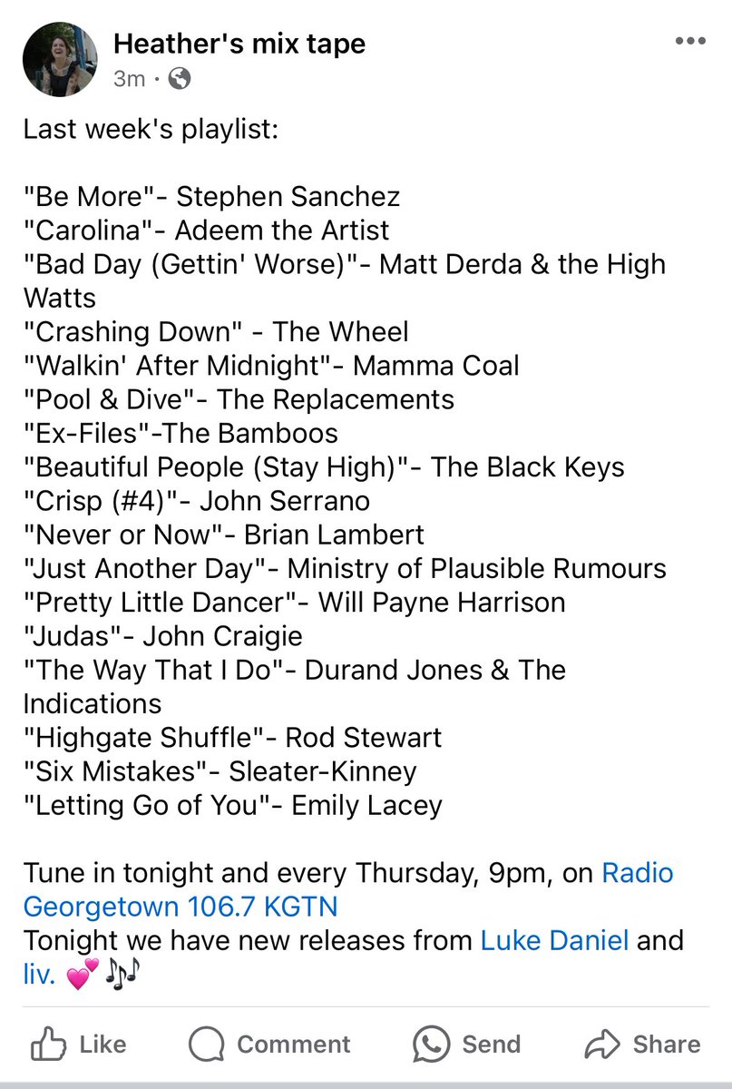 Last week featured: @stephencsanchez, @AdeemTheArtist, @MattDerdaMusic, @MammaCoal, @TheReplacements, @The_Bamboos, @theblackkeys, @John__Serrano, @LambertBrian7, @RumourMinistry, @WillPHarrison, @johncraigie, @DJ_Indications, @rodstewart, @emilylaceymusic 💕🎶 on @KGTNGeorgetown