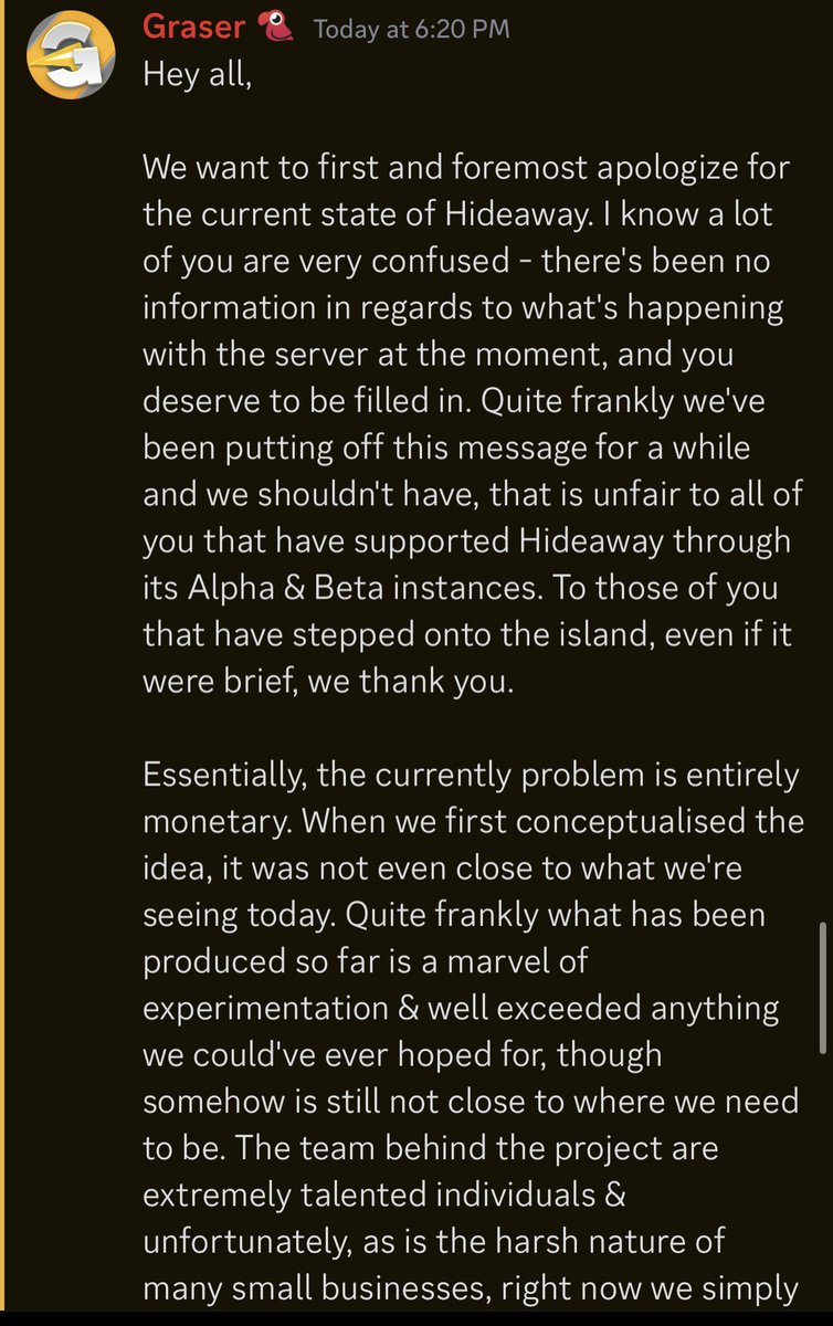 hideaway_news's tweet photo. @Graser has posted an announcement regarding the current state of Hideaway. Rest in peace HDWY. https://t.co/3pBOUYqMLu