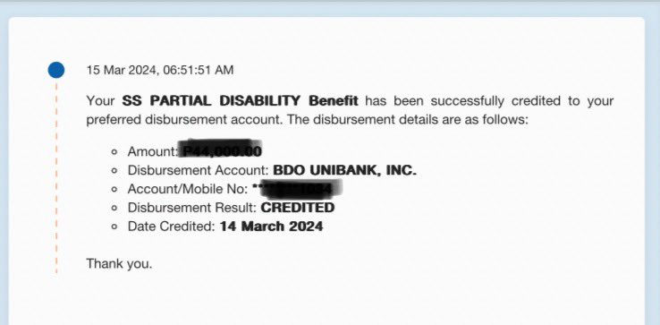 Pozman6's tweet photo. SS partial disability benefit has been successfully credited. Not bad, pwede na rin kesa sa wala. Thank you #SSS https://t.co/Y7BA2BIKPd