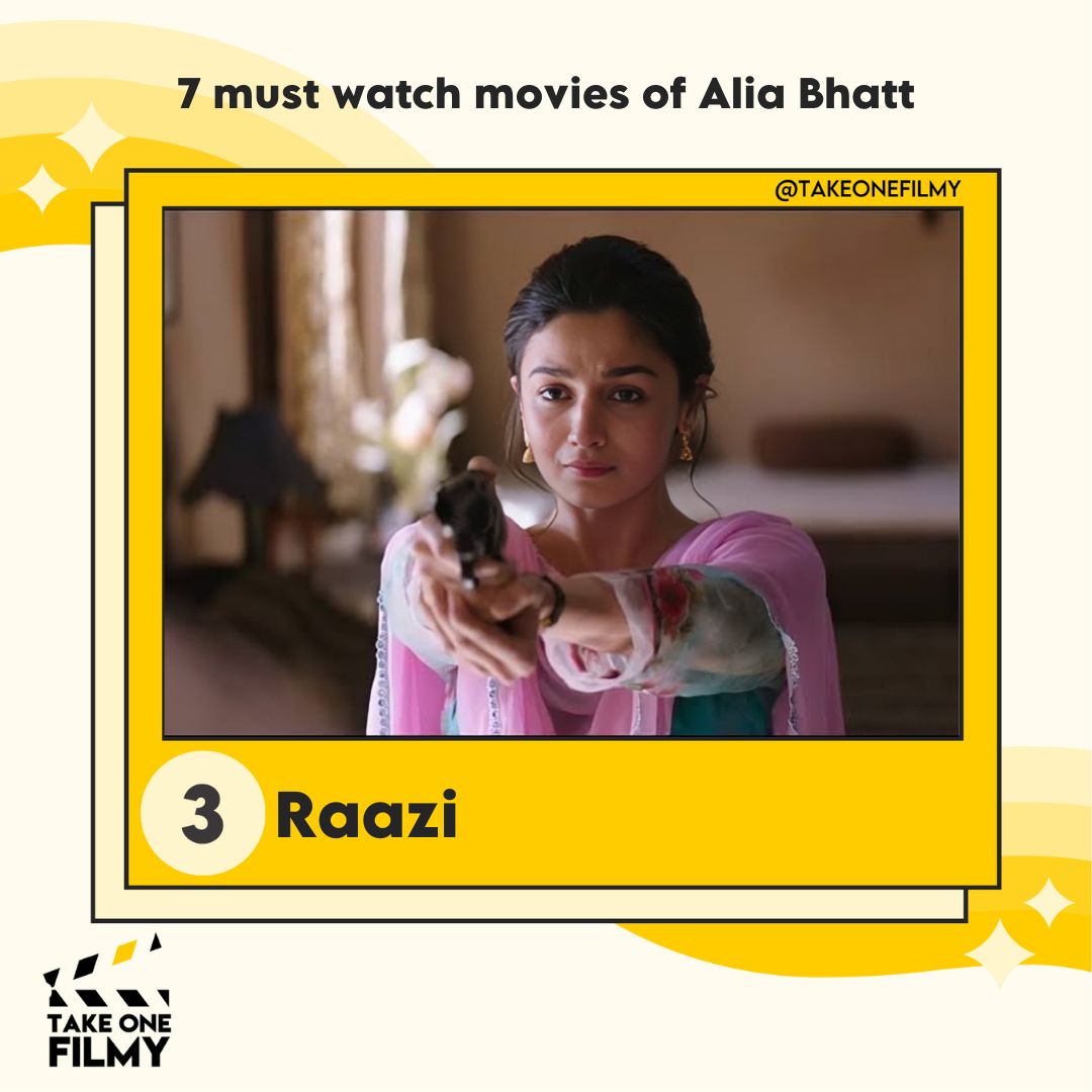 3. Raazi
#Raazi is a 2018 Indian spy thriller film directed by #MeghnaGulzar. It stars #AliaBhatt in the lead role along with #VickyKaushal, #RajitKapur, #ShishirSharma, and #JaideepAhlawat in supporting roles. #AliaBhatt plays the role of Sehmat Khan. 🎬