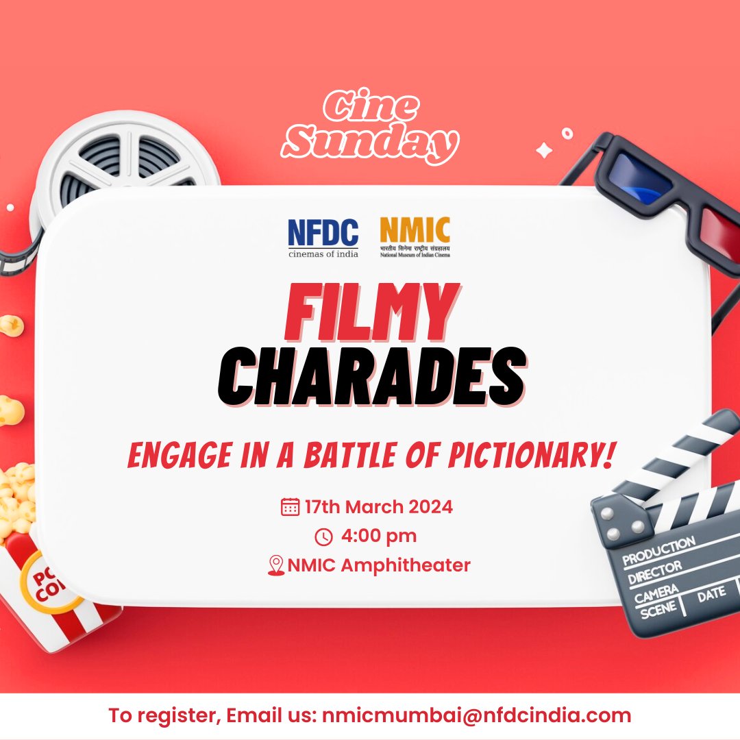 Cine-Sunday Alert! This Sunday, we are organizing 'Filmy Charades' 🔳 - Engage in a Battle of Pictionary ! - Participate and have an entertaining Sunday... - The best ones will be rewarded with exciting prizes ! Date: 17th March Time: 4 pm Venue: Amphitheatre, NMIC