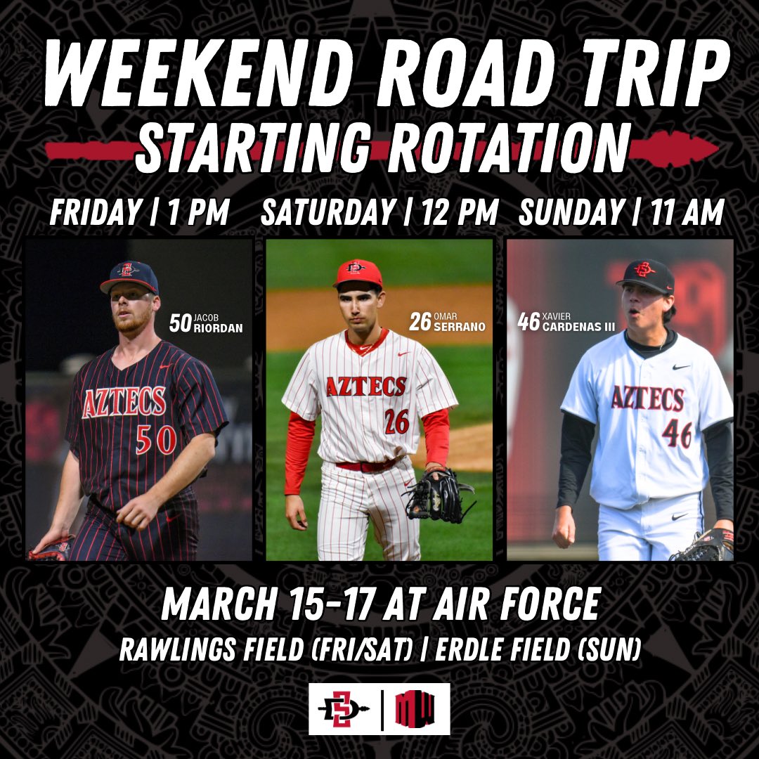 🚨 Starting Rotation 🚨

<a href="/Jacob_riordan11/">Jacob Riordan</a>, <a href="/Omar122302/">Omar</a>, and <a href="/xaviercIII/">Xavier Cardenas III</a> have been named as the Starting Rotation for this weekend’s series at Air Force! #GoAztecs

*Start times listed are PT*