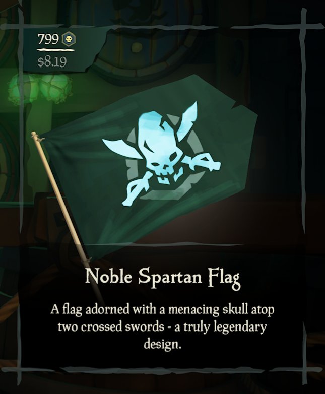 BlackeyeThe2nd's tweet photo. Ahahahahaha, whaaaaat is THIS?!
8 smackaroonies for a previously free-to-earn flag?? They opted to sell it for as mich as any Collector's Sails and see if anybody noticed.
Nerf the price, @SoT_Support @SeaOfThieves.
#SeaOfThieves #BeMoreRich https://t.co/R3sFJ8yiMY
