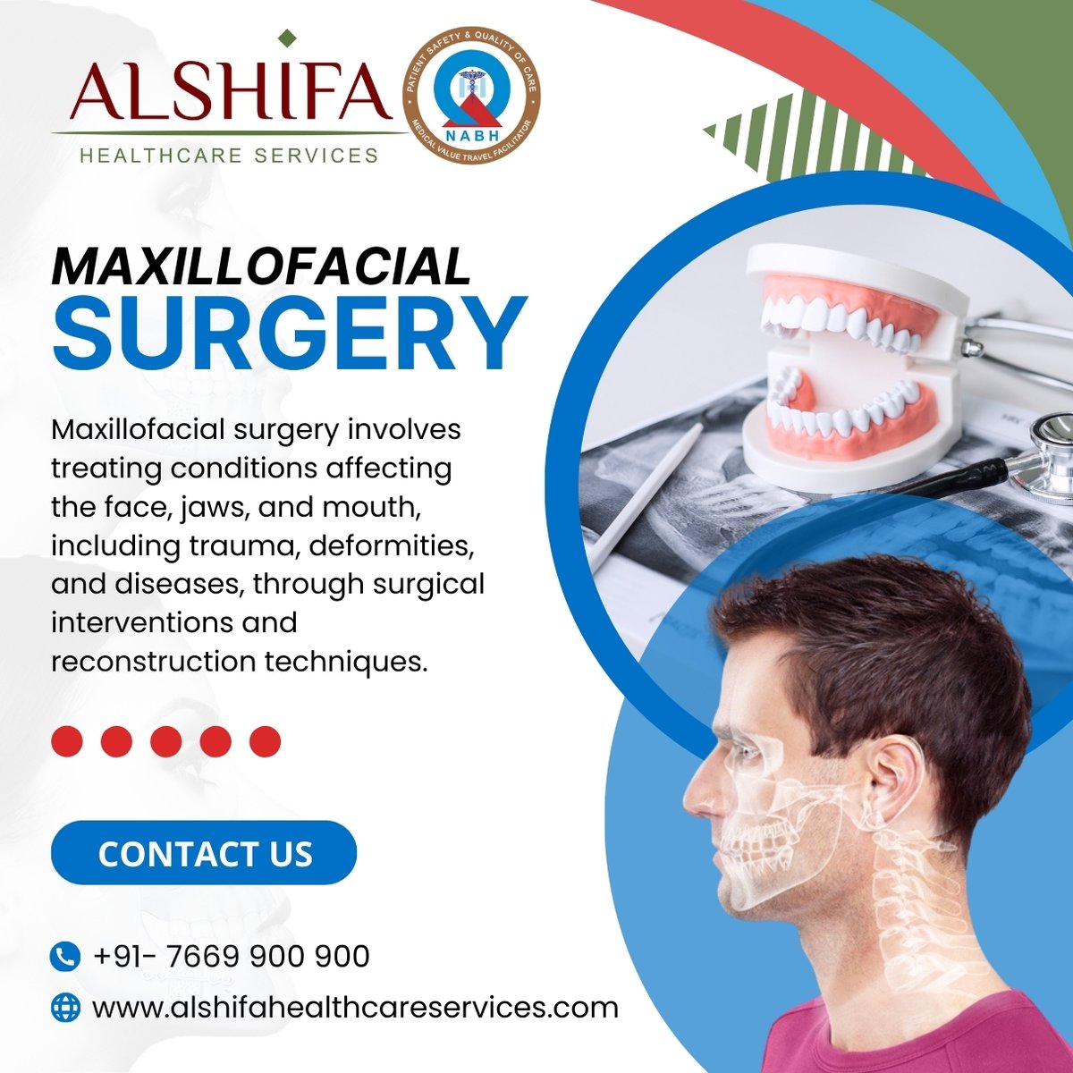 #maxillofacialsurgery involves treating #injuries, #Diseases, and defects in the #head, neck, face, jaws, and the hard and soft tissues of the oral and #maxillofacial region through #surgical intervention. 

#MedicalTourism #alshifahealthcareservices #alshifa