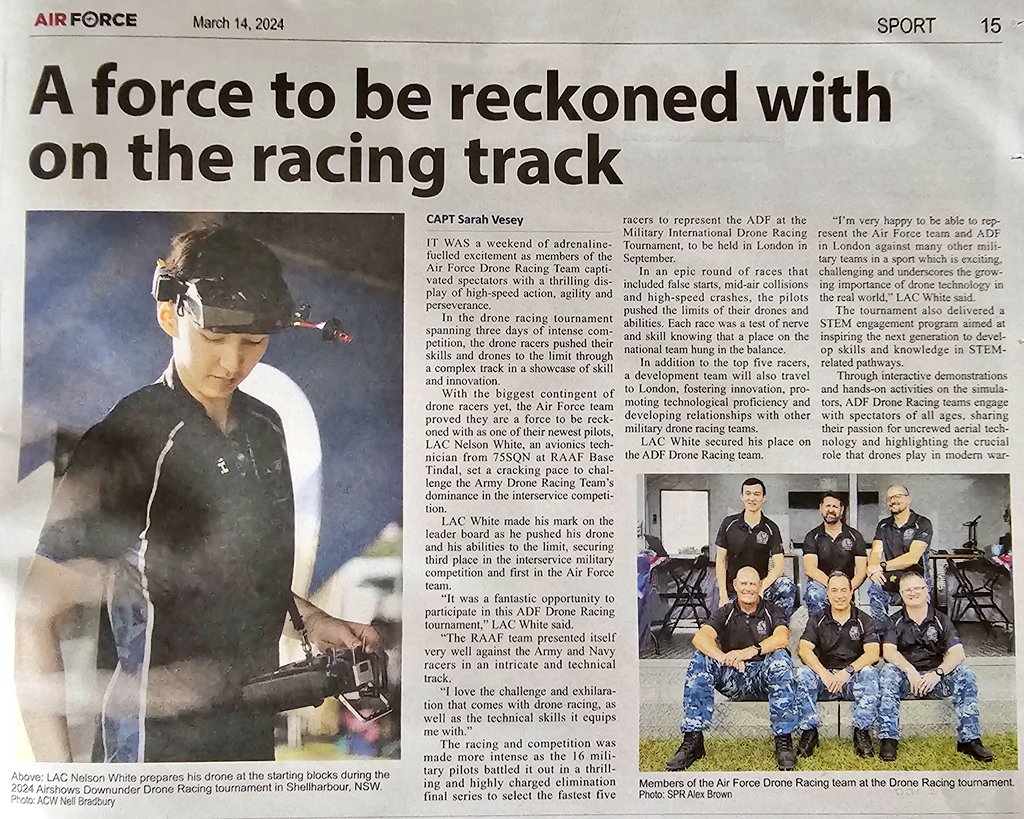 We're #InTheNews with stories in @AustralianArmy and @AusAirForce News of #AirshowsDownunder #DroneRacing fun, adrenaline packed racing, thrills and spills!
#SendIt!
@DefenceAust @SEAC_ADF
@NZArmy @Australian_Navy
@ChiefAusArmy