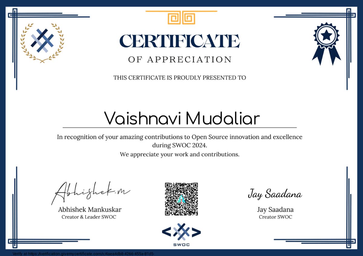 VaishnaviMudal1's tweet image. Thrilled to have been part of #SocialWinterOfCode! 🚀 Contributing to open source repositories was an incredible learning journey. Huge thanks to mentors for their guidance! 🙏 Excited to continue growing in the world of #OpenSource! 🌱 #Gratitude #SWOC