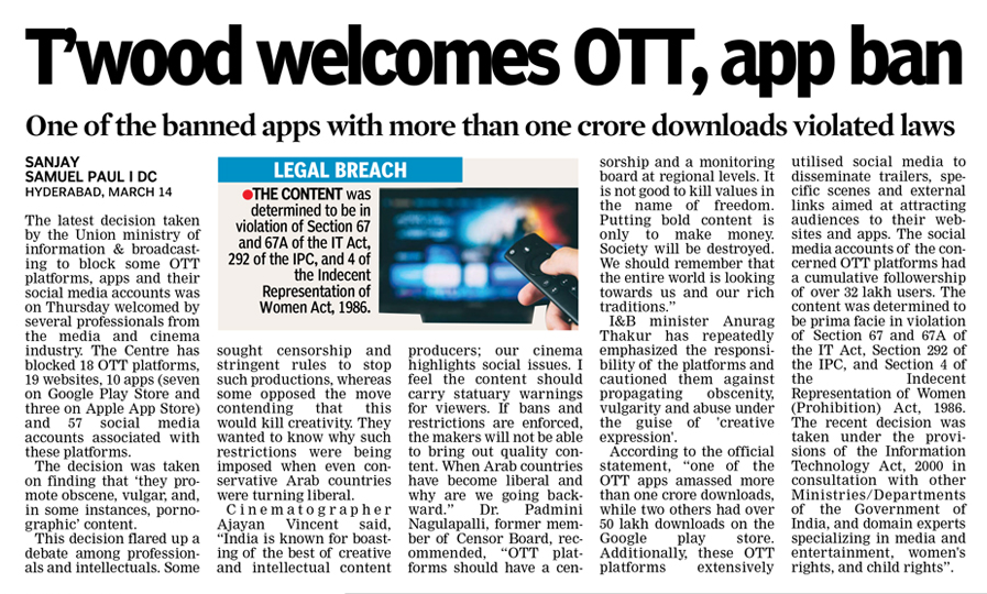 DeccanChronicle's tweet photo. Tollywood supports the recent ban on 18 OTT platforms for promoting obscene content. This move is seen as a step towards cleaner and more responsible content on digital platforms. 

#OTTBan #CleanContent #TollywoodSupports https://t.co/9izBg9zl3V