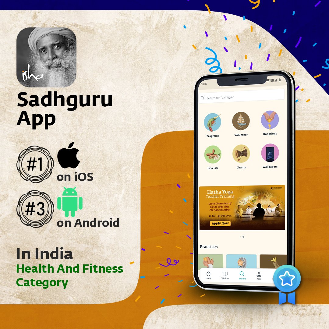 ishafoundation's tweet image. Sadhguru App is now the highest-ranked app for your health and fitness needs, topping the charts in the Health and Fitness category on iOS globally. Improve your mental and physical health with meditations, Yogic practices, and tips from Sadhguru by downloading Sadhguru App