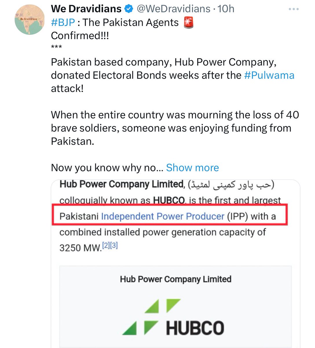 AussieBhakt's tweet photo. There are multiple Left wing and Congress supporting handles on X which are claiming that @BJP4India took money from Pakistani company #HubPower few days after Pulwama attack.
Read through to understand how stupid this claim from left ecosystem is: Mini🧵 https://t.co/5RplLtIkZ0