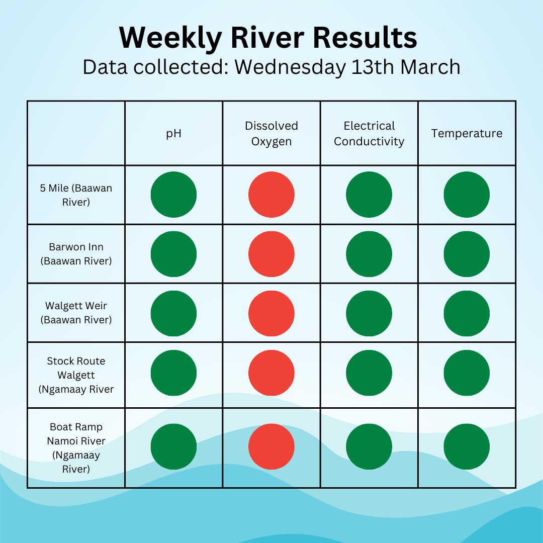 The dissolved oxygen at all sites are still at a dangerously low level, all readings of the dissolved oxygen is below 3 mg/L. Below 3 mg/L fish kills can happen. The river flow in the Ngamaay River could cause health issues for fish. Full report: dharriwaaeldersgroup.org.au/index.php/wate…