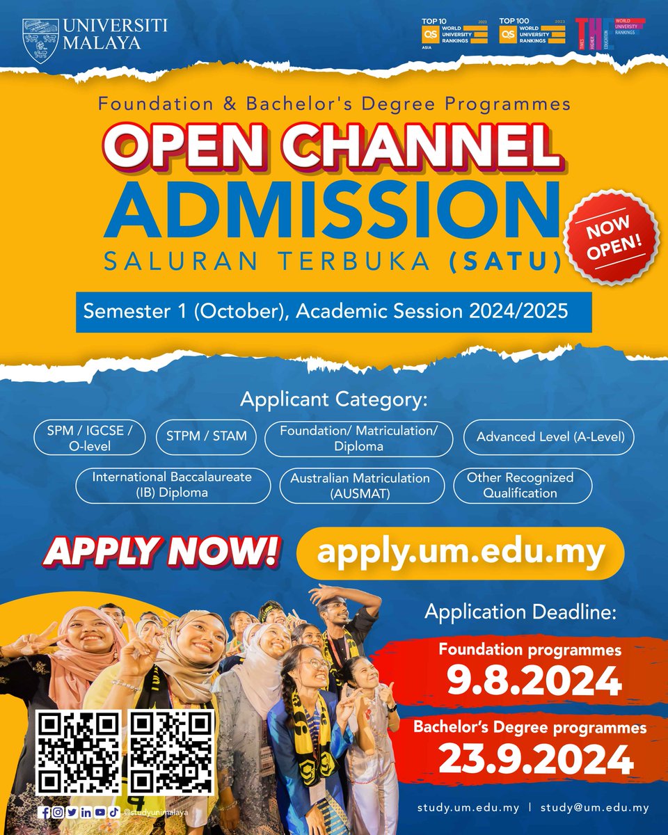 Don't delay! Fast-track your academic journey through our premium access program, SATU, to Universiti Malaya's foundation and bachelor's degree programs. Apply now at apply.um.edu.my. Our industry-driven programs have limited seats, so act quickly! #studyatum