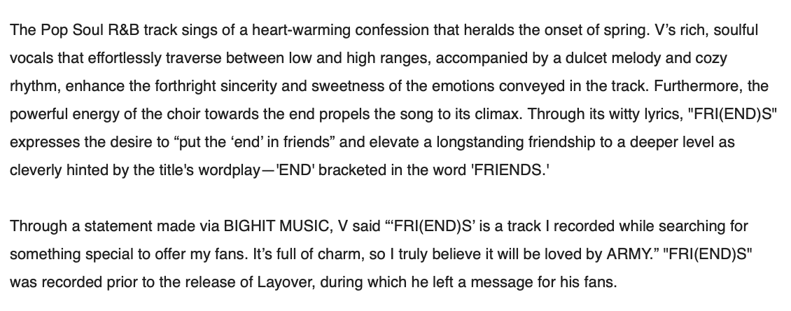 V of @bts_twt on FRI(END)S (via BIGHIT MUSIC): “‘FRI(END)S’ is a track I recorded while searching for something special to offer my fans. It’s full of charm, so I truly believe it will be loved by ARMY.”