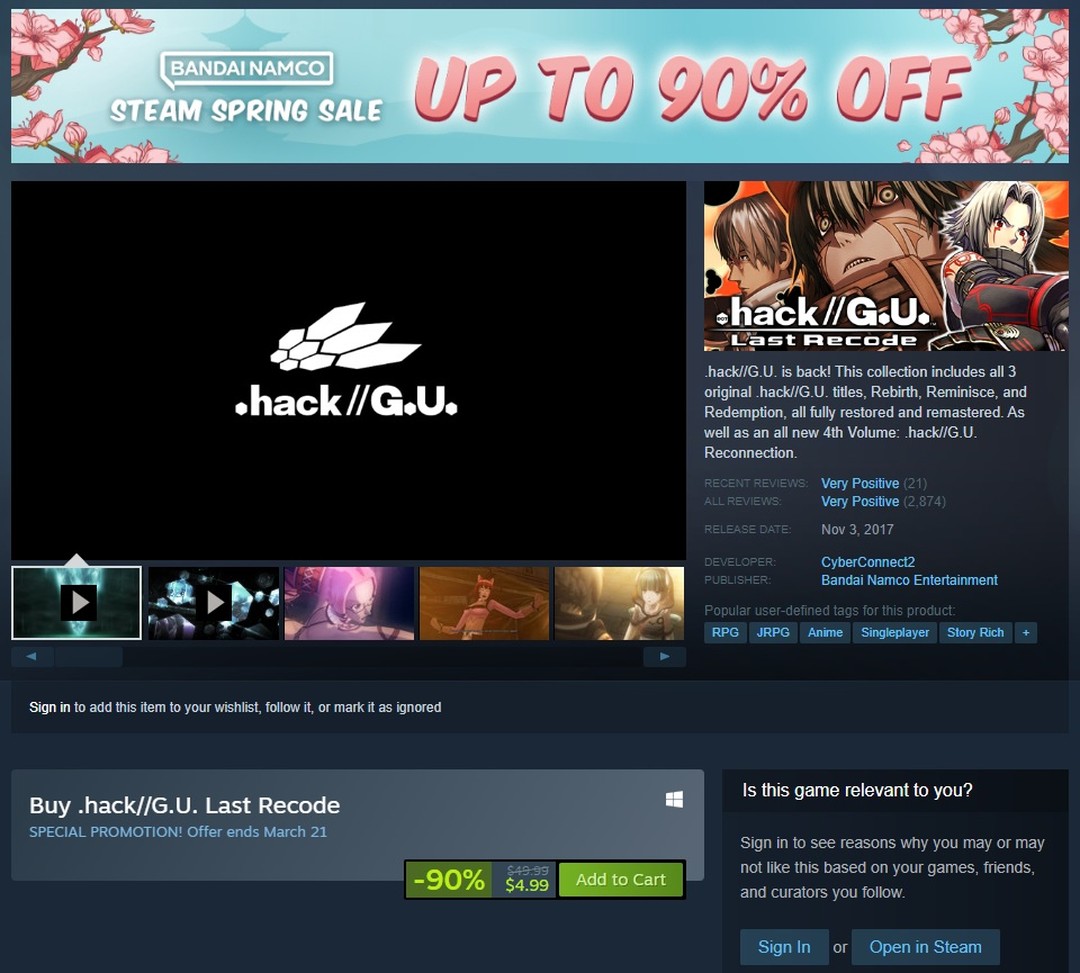 dothacknetwork's tweet image. .hack//G.U. Last Recode currently on sale on Steam for $4.99 till March 21st from $49.99 regular price, 90% off. Tell a friend or gift it to a friend! #dothack
store.steampowered.com/app/525480/hac…