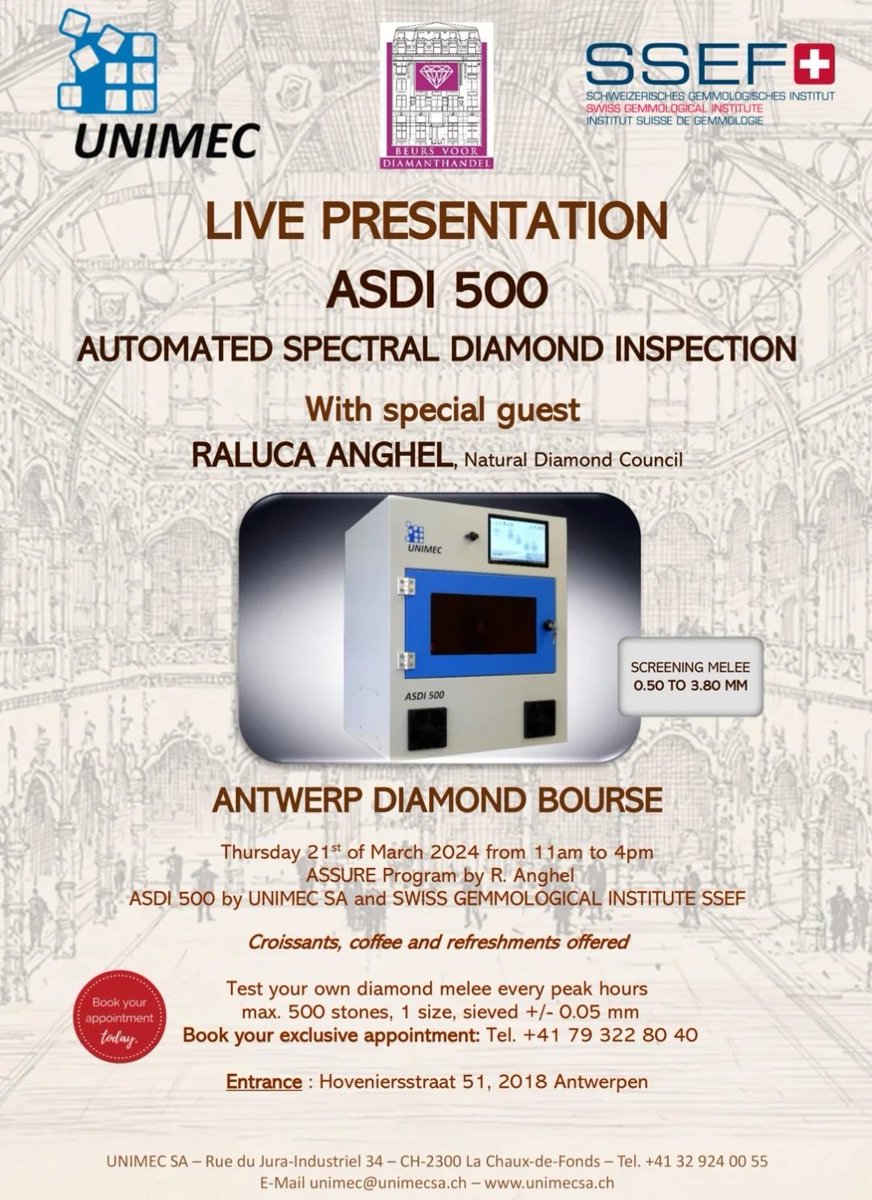 SSEFgemlab's tweet photo. Join us for the live presentation of ASDI-500 (screening diamonds down to 0.5mm size) at the Antwerp Diamond Bourse on Thursday March 21st!

#TheScienceOfGemstoneTesting #Diamonds #Antwerp https://t.co/MAQPDzEuXw