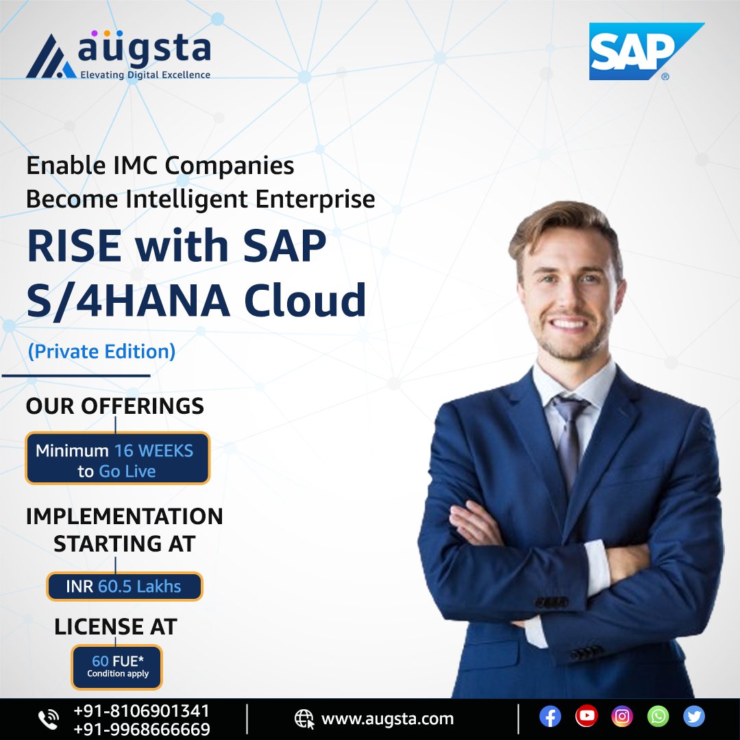 Elevate your business to new heights with Rise with SAP S/4HANA Cloud (Private Edition).

Visit augsta.com

#augsta #augstainfosystems #sap #risewithsap #saps4hana #saps4hanacloud #privatecloud #cuttingedgetechnology #growyourbusiness #agility #itsolutions #uk
