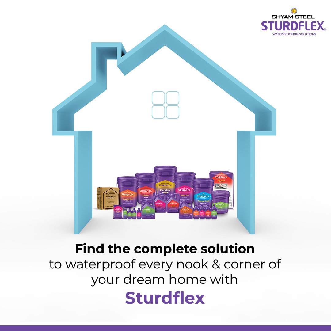 Damp no more!
Choose the complete range of Sturdflex Waterproofing Solutions, to guard your home right at the time of construction, and turn every nook and corner of your dream home into a moisture-free zone.

#ShyamSteel #Sturdflex #SturdflexWaterproofingSolutions