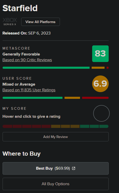 Alexx_182's tweet photo. After @Blizzard_Ent 's bluff with "Diablo IV" (86-2.2) here comes "Starfield", from @BethesdaCS_ES, with a 83 - 6.9 average reviews' rating on Metacritic.
The outstanding gap on ratings between the-allegedly-specialized entities of the sector and the actual gamers is embarrassing https://t.co/0TirdmFye7