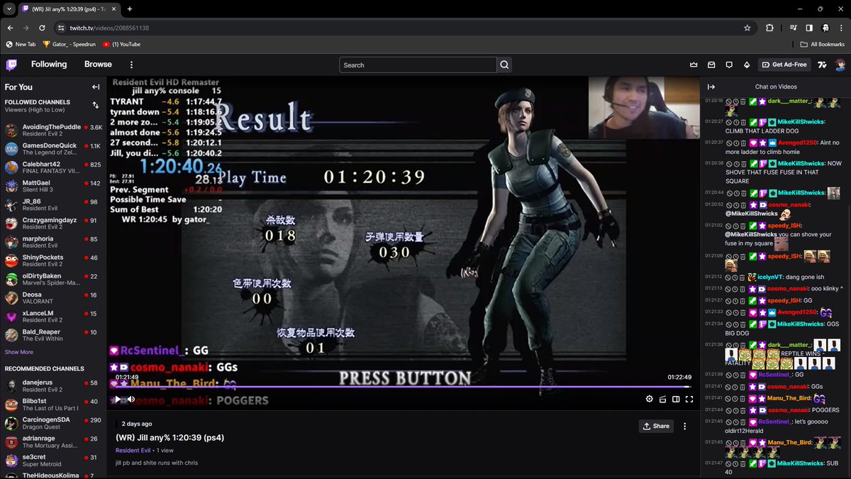 6 second WR improvement on Jill any% (ps4 console) 1:20:39. next goal is 1:20:2x