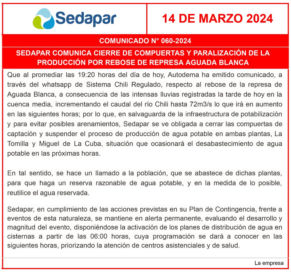 DiarioViral2's tweet photo. 🟡⚫ #DiarioViral | 👉 #LoÚltimo #Sedapar lo hace de nuevo. Se viene nuevo #CorteDeAgua en #Arequipa https://t.co/EqSQgqq9Z7