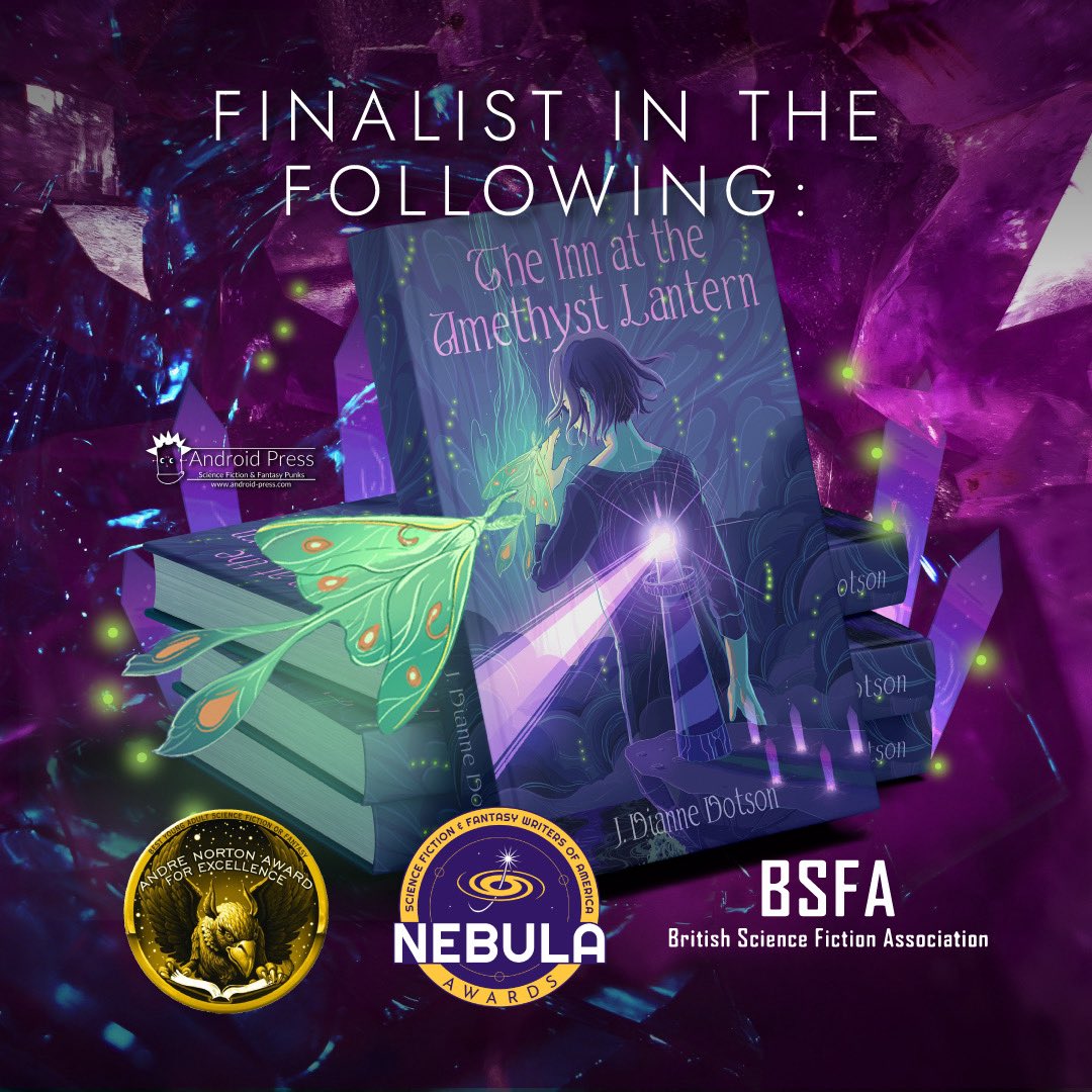 I am a Nebula Award finalist!! My YA SFF novel THE INN AT THE AMETHYST LANTERN (written as my J. Dianne Dotson pseudonym) is a finalist for the Andre Norton Nebula Award for Middle Grade and Young Adult Fiction! Thank you @sfwa members for the honor! #NebulaAwards #sff #books