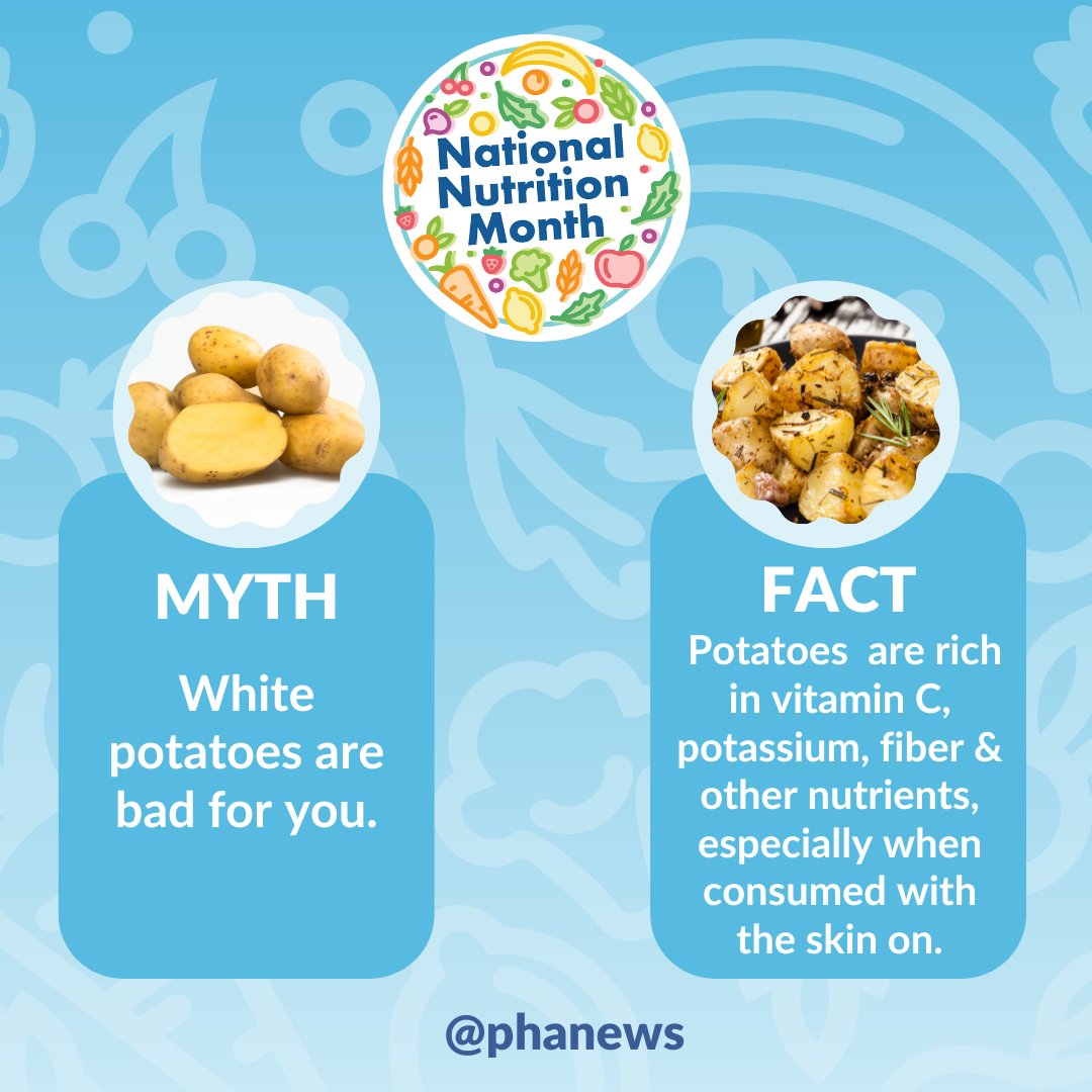 This month, we're focusing on debunking common nutrition myths. White potatoes are a good source of nutrients, including vitamin C, potassium, and fiber. The skin of the potato is particularly rich in nutrients, so consider leaving it on when preparing your potatoes.