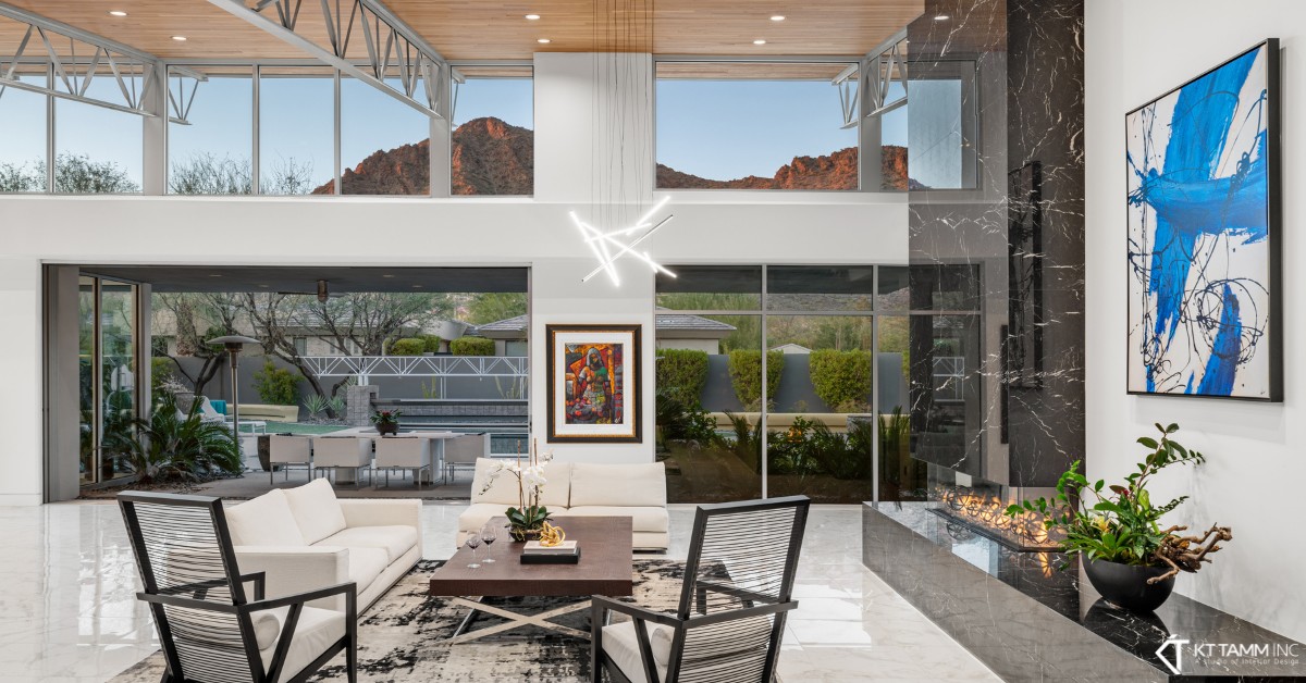 The breathtaking mountain views set the perfect stage for this stunning space! bit.ly/3TgrOkh #luxurydesign #designinspiration #interiordesign
