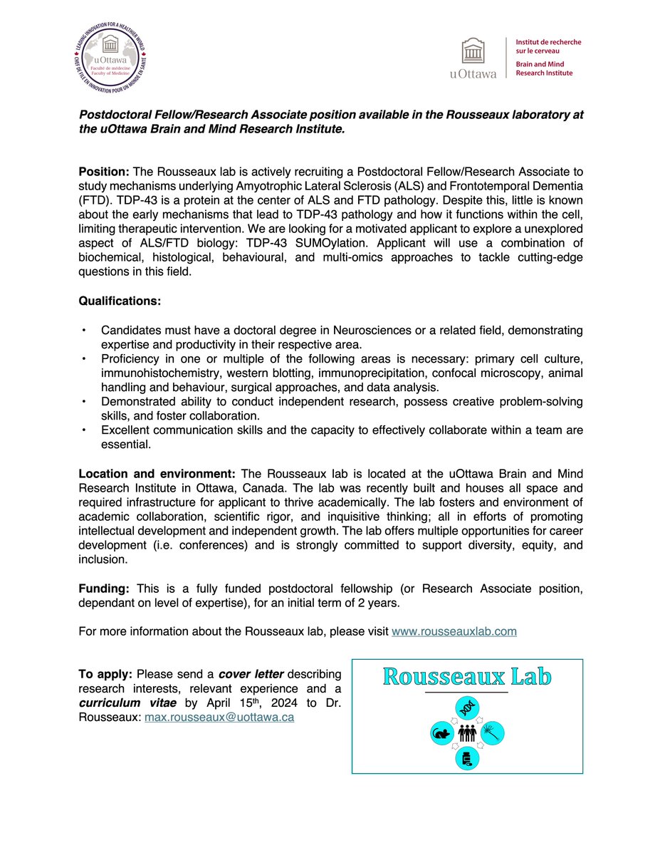 🧠🚨Our lab is hiring! Please spread the word. Multiple exciting projects in the lab including a fully funded postdoctoral fellowship/research associate position. @uOttawa @uOttawaBMRI @ALSCanada @CAN_ACN