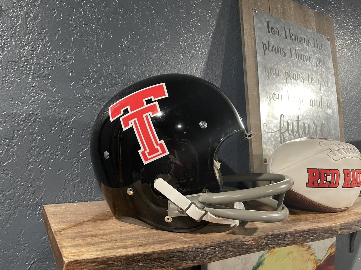 Check out the new addition to my #football helmet collection! <a href="/Jeff_Brunson/">El Jefe</a> helped me put it all together. The <a href="/TexasTechFB/">Texas Tech Football</a> #RedRaiders wore this design from 1963 to 1969, and the #DoubleT has since become one of the most recognizable logos in the sport. #WreckEm #GunsUp