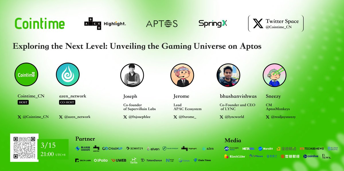 Cointime_CN's tweet photo. Exploring the Next Level: Unveiling the Gaming Universe on Aptos

👉Space：https://t.co/uh9pr0Un4P

At 9:00 PM (UTC+8),tune in to Cointime's Space to learn how SpringX empowers developers to build engaging gaming Dapps on #Aptos , how the #Move  language helps to optimize transaction throughput and latency in games。#GameFi 

@BuidlerDAO @Aptos  @ABCDELabs @azen_network @0xjosephlee @supervlabs @jerome_  @Lyncworld @realjaysneezy @AptosMonkeys @Cointime_global