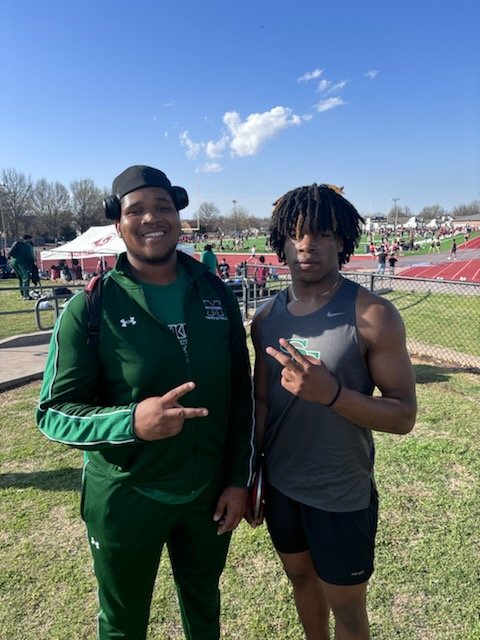 hgsoldier's tweet photo. When FAM links up at a track meet. 2025 Edmond Santa Fe QB @thedanielnewton and 2025 Muskogee lineman @O_76_Steves out there repping their respective schools, but FAM first. #FOE https://t.co/tL5tC8V4S9