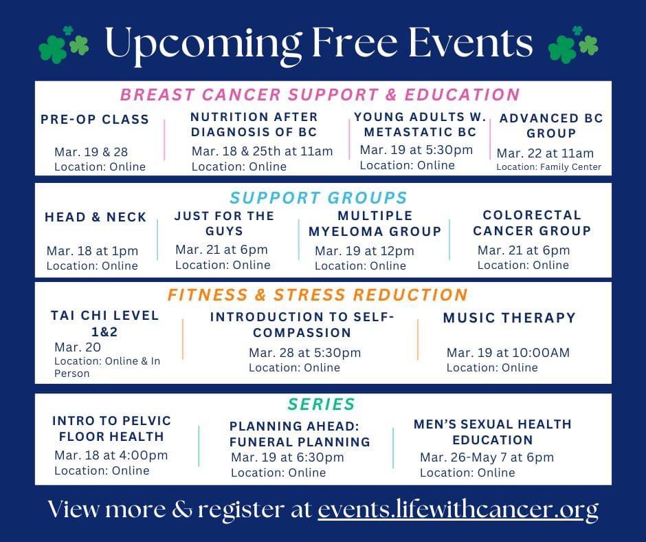 LifewithCancer's tweet image. 🍀 Here is an overview of some of our upcoming Life with Cancer educational &amp;amp; stress reduction classes, support groups, fitness, and series for March. Don't forget to wear green! ✨🍀🌈 ☘