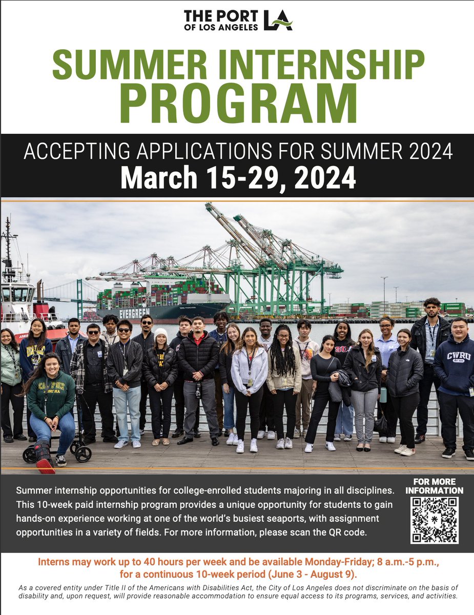 The Port of Los Angeles is now accepting applications for its 2024 Summer Internship Program through March 29. College-enrolled student interns gain hands-on experience working at one of the world’s busiest ports. More info on how to apply: portofla.org/SummerInternPr…