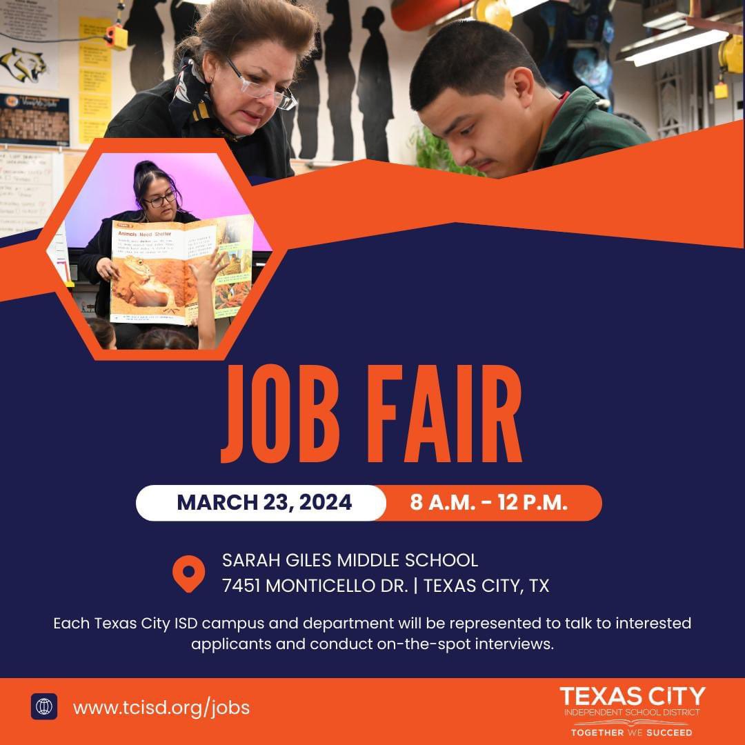 🌟 Join us at the Texas City ISD Job Fair! 🌟 📅: March 23rd 🕒: 8 a.m. - 12 p.m. 📍: Sarah Giles MS 😀 Who: All Campuses & Departments 💻Apply today: tcisd.org/jobs @TexasCityISD @TCISDHR @CityofLaMarque @CityofTexasCity @GalvNews @iteachTEXAS @TOT_ACP @teachworthy