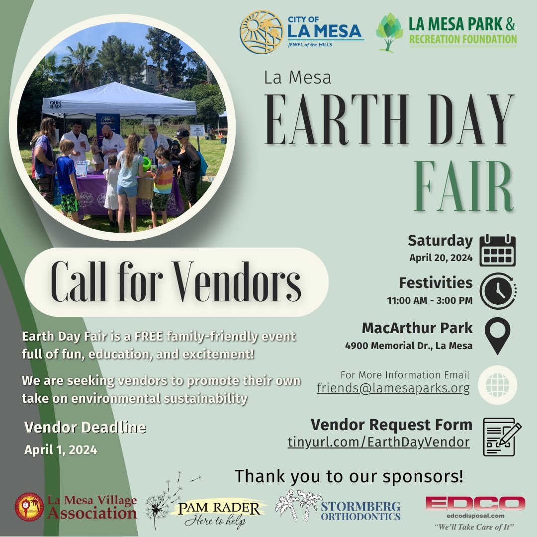 𝐄𝐚𝐫𝐭𝐡 𝐃𝐚𝐲 𝐅𝐚𝐢𝐫 – 𝐒𝐚𝐭𝐮𝐫𝐝𝐚𝐲, 𝐀𝐩𝐫𝐢𝐥 𝟐𝟎

Calling all eco-friendly vendors!  Join us in celebrating Earth Day by showcasing your green products and services at our upcoming event!

Submit your form by April 1, 2024. Lamesaparks.org