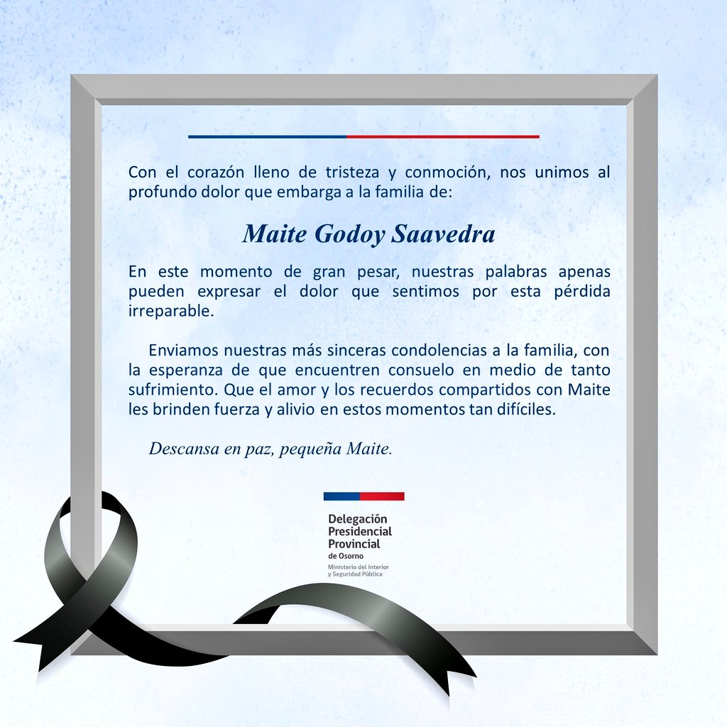 DPPOsorno's tweet photo. 🕊 @cpailalef Delegada Presidencial Provincial de #osorno y funcionarias/os de esta repartición, envía sus más sentidas condolencias  ante la irreparable pérdida de la pequeña Maite. https://t.co/lUHKoKyDbm