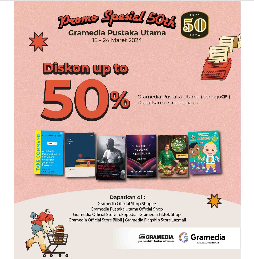 Hari ini tanggal 15 - 24 Maret 2024 ada diskon buku up to 50% spesial 50th di gramedia online  ✨️

👉 shope.ee/g2PuhqYHP

#diskonbuku
#zonajajan
#zonauangᅠᅠ