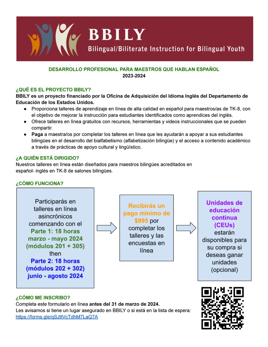 CuevasAntillon's tweet image. Docentes/Maestros/Profesores bilingües:

Se puede recibir $995 por aprender en línea de manera asincrónica con módulos virtuales creados para estudiar como mejor enseñar alfabetización en español
por parte de una subvención (grant) federal): BBILY

Info:
forms.gle/qSJttVcTdhM7La…