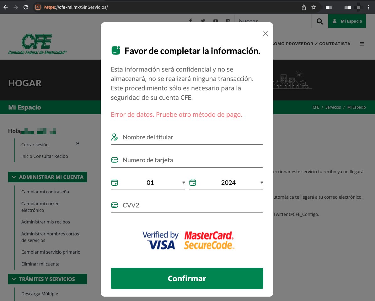 🇲🇽 Sitio apócrifo suplantando la identidad de <a href="/CFEmx/">CFEmx</a> 

🔗cfe-mi[.]mx

⚠️Cuando un usuario busca en Google "CFE", el sitio aparece en 1º lugar como "anuncio".

Al introducir el usuario y contraseña, el sitio le solicita al usuario sus datos bancario para "validar" su cuenta

El