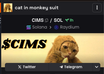 catinmonkeysuit's tweet photo. CIMS has smol paws, and a really big banana to go through

Thankfully, CIMS got Dexscreener updated 🍌 https://t.co/UDBsJsFvg8
