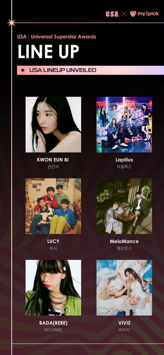 2023KMC's tweet photo. 🏆KM차트 2024 Universal Superstar Awards🏆

📍 2024. 3. 27 (수) 7PM
📍 경희대학교 평화의 전당

🌟ALL 라인업🌟
ALL Line-up Unveiled

#권은비 KWON EUN BI
#라필루스 Lapillus
#루시 LUCY
#멜로망스 MeloMance
#바다 BADA(BEBE)
#비비지 VIVIZ
#소디엑 XODIAC
#시크릿넘버 SECRET NUMBER
#싸이커스 xikers
#엔시티127 NCT 127
#엔싸인 n.SSign
#영탁 YOUNG TAK
#이븐 EVNNE
#이찬원 LEE CHAN WON
#츄 CHUU
#플레이브 PLAVE
#피프티피프티 FIFTY FIFTY
#홍이삭 Hong Isaac

#KMCHART #KM차트 #2024USA #USA #Universal_Superstar_Awards