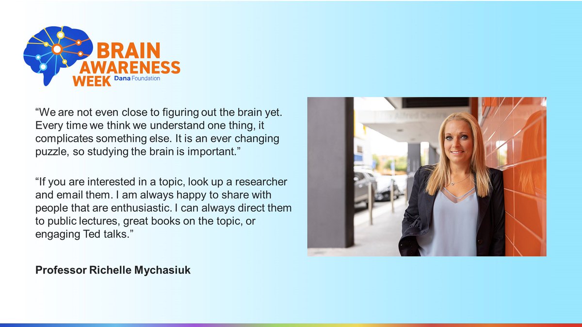 Only 3 days left #BrainAwarenessWeek @dana_fdn Prof Richelle Mychasiuk @richelle_ndopl @MonashSTM is a discovery-based neuroscientist & her research focuses on how early life experiences (incl. prior to conception, prenatally, and early postnatally) modify brain development /1🧵