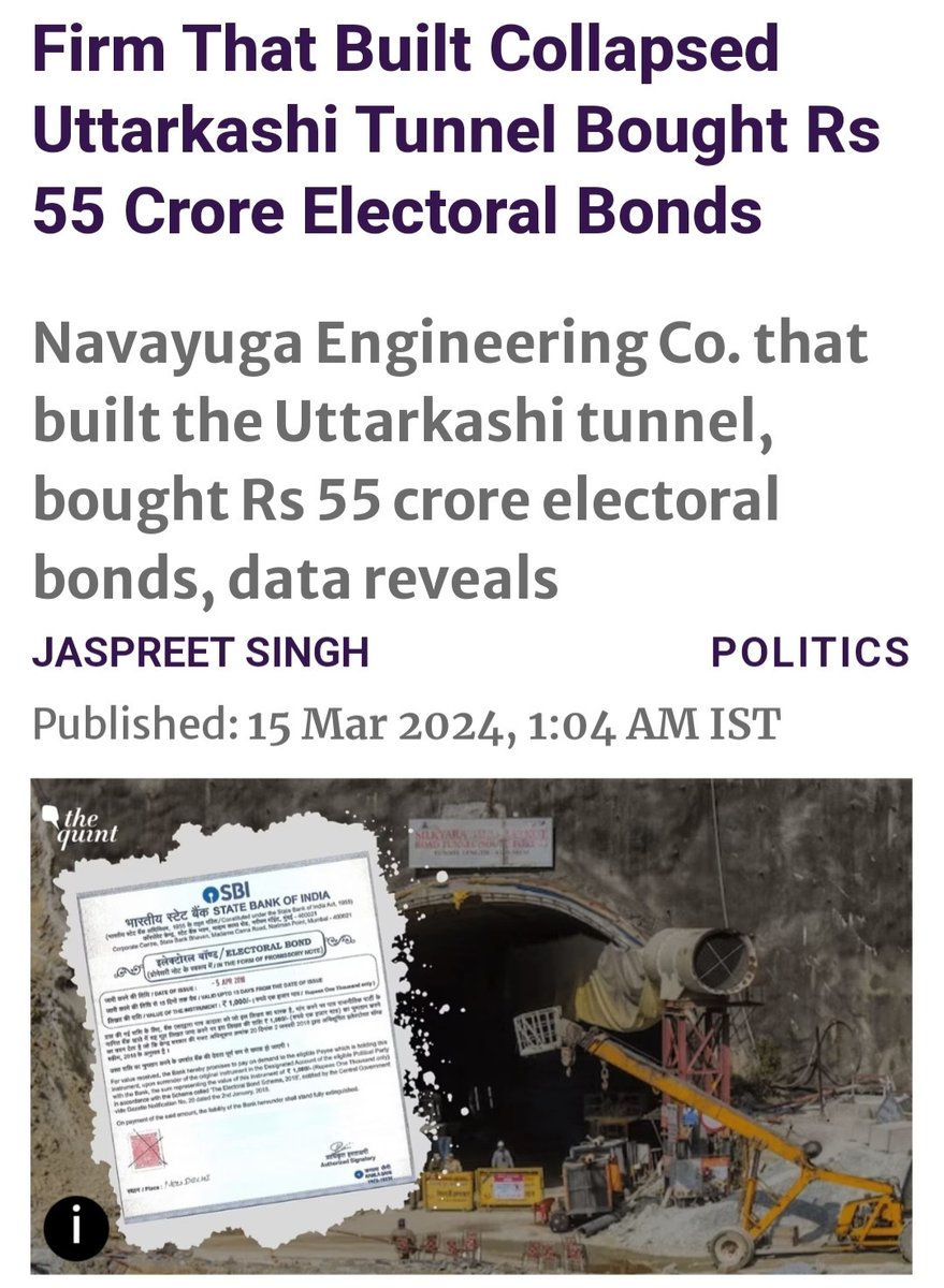 Navayuga Engineering Company, the makers of Silkyara tunnel in Uttarakhand where 41 workers were trapped for 17 days, paid Rs 55 crore through electoral bonds.

Noone was held accountable and the rat-hole miners who rescued the trapped workers were not rewarded adequately.