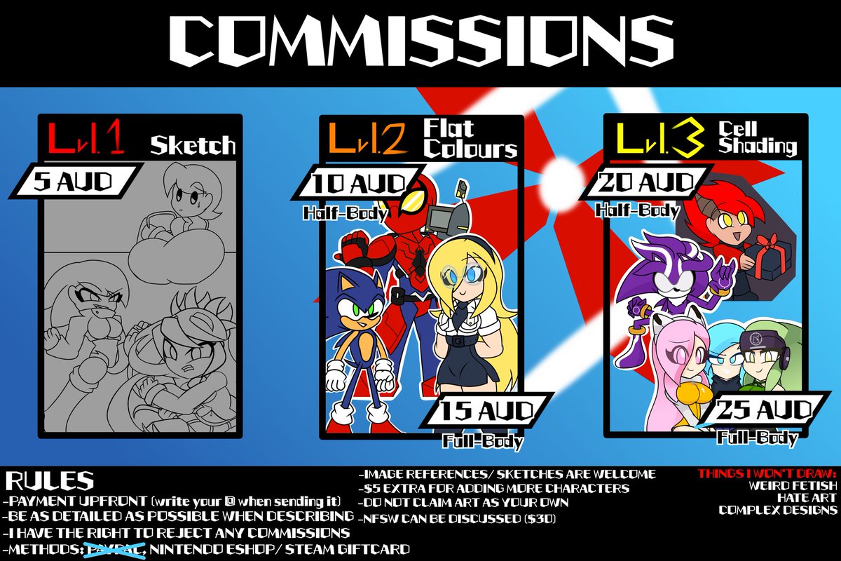 [Ladies and gentlemen, I'm now opening commissions!]

Five slots are now open!
If anyone is interested, please dm me

Likes and retweets would be appreciated and would really help!

NOTE: Right now, only accepting Nintendo Eshop cards and Steam Cards at the moment