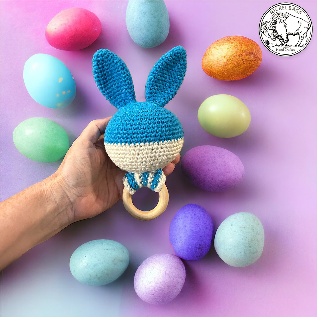 Baby safe Bunny (non rattling) Rattle 
100% cotton with unfinished wood ring 
#crochet #Amigurumi #babyshower #babygift #pregnant #CraftBizParty #HandmadeHour #yarnaddict #NickelArt #easter2024 #EasterBunny #EasterChallenge #eastergifts