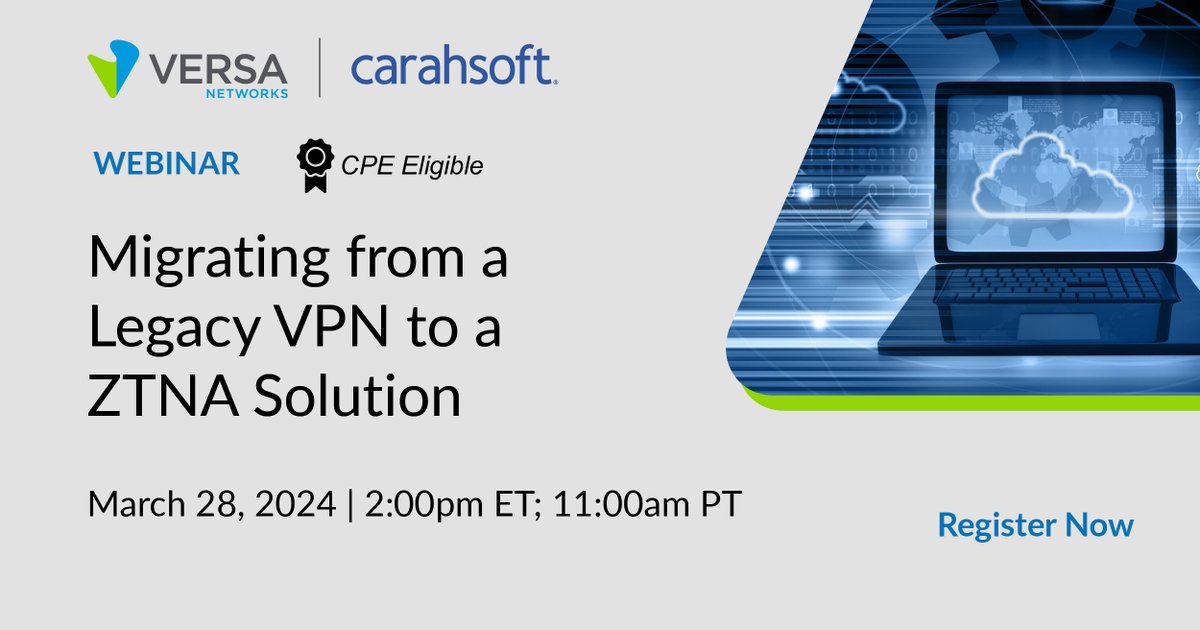 Traditional VPNs are no longer enough for safeguarding against evolving cyber threats. See how Zero Trust Network Access (ZTNA) framework can help prioritize security without compromising on user experience. Webinar on March 28th at 11AM PT:- carahevents.carahsoft.com/Event/Details/…