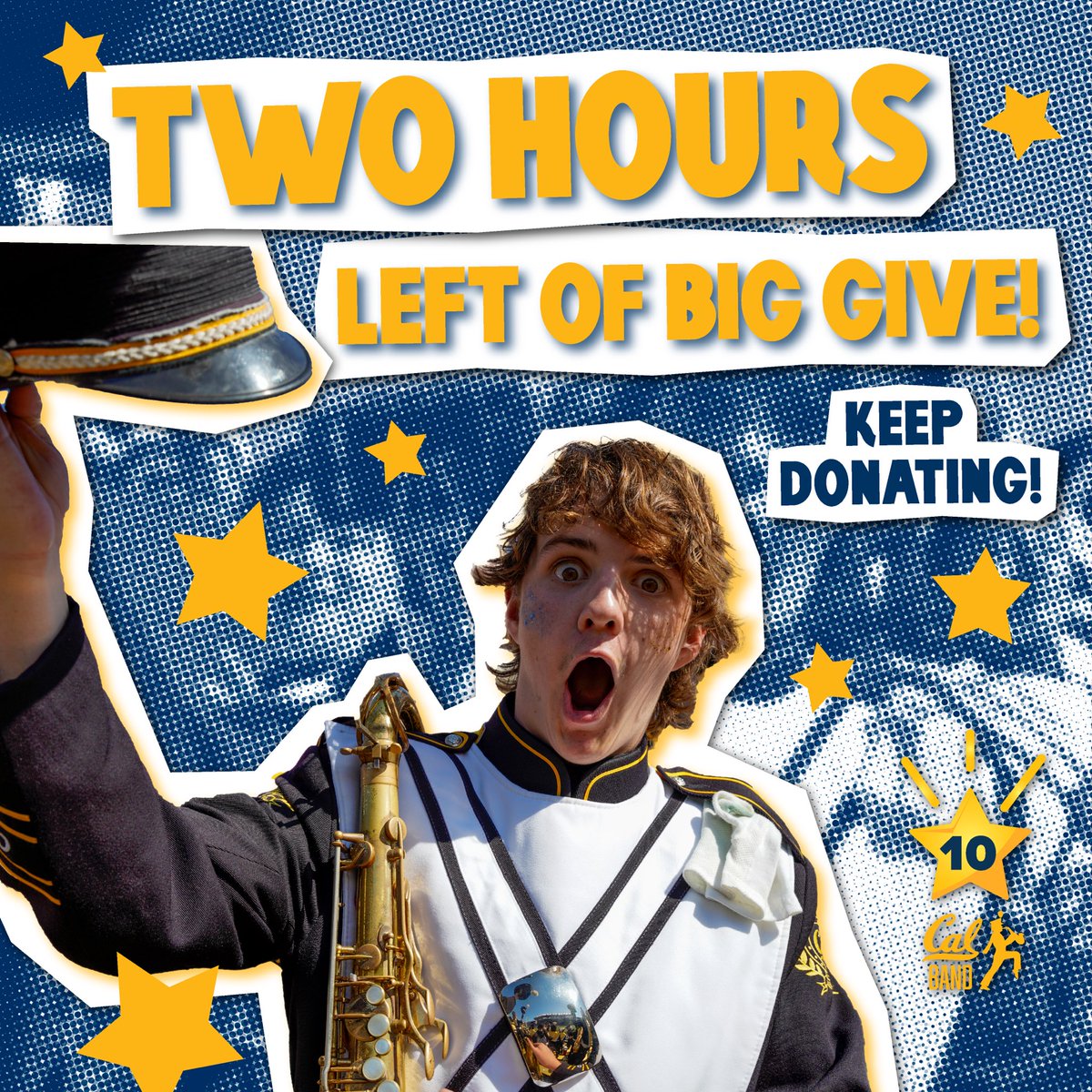 🌟TWO HOURS LEFT OF BIG GIVE🌟 Thank you for all the donations so far! Let’s keep this momentum going with a final donation push from 7pm PST to 8pm PST!! You can also donate now until 9pm PST through the link in our bio to help Cal Band reach our goals!!! #CalBand #CalBigGive