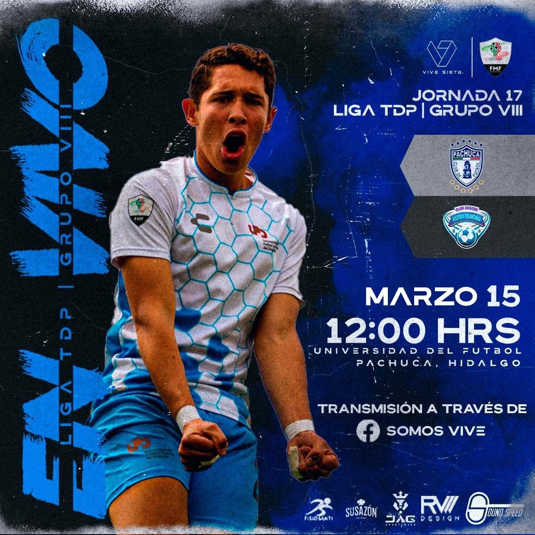 #ViveSiete #LigaTDP
<a href="/LigaTDP/">Liga TDP</a>
 G8 / Jornada 17
Tuzos Pachuca Vs Atlético Tulancingo

🏟 Universidad del Fútbol, Pachuca
🗓️ Viernes 15 de marzo, 12 h

En vivo a través de: 📱🔴🔵 facebook.com/ViveSieteMex/

Patrocinador oficial
#FisioSanti
#SuSazón
#JAGSportsWear
#RVDesign
#SoundSpeed