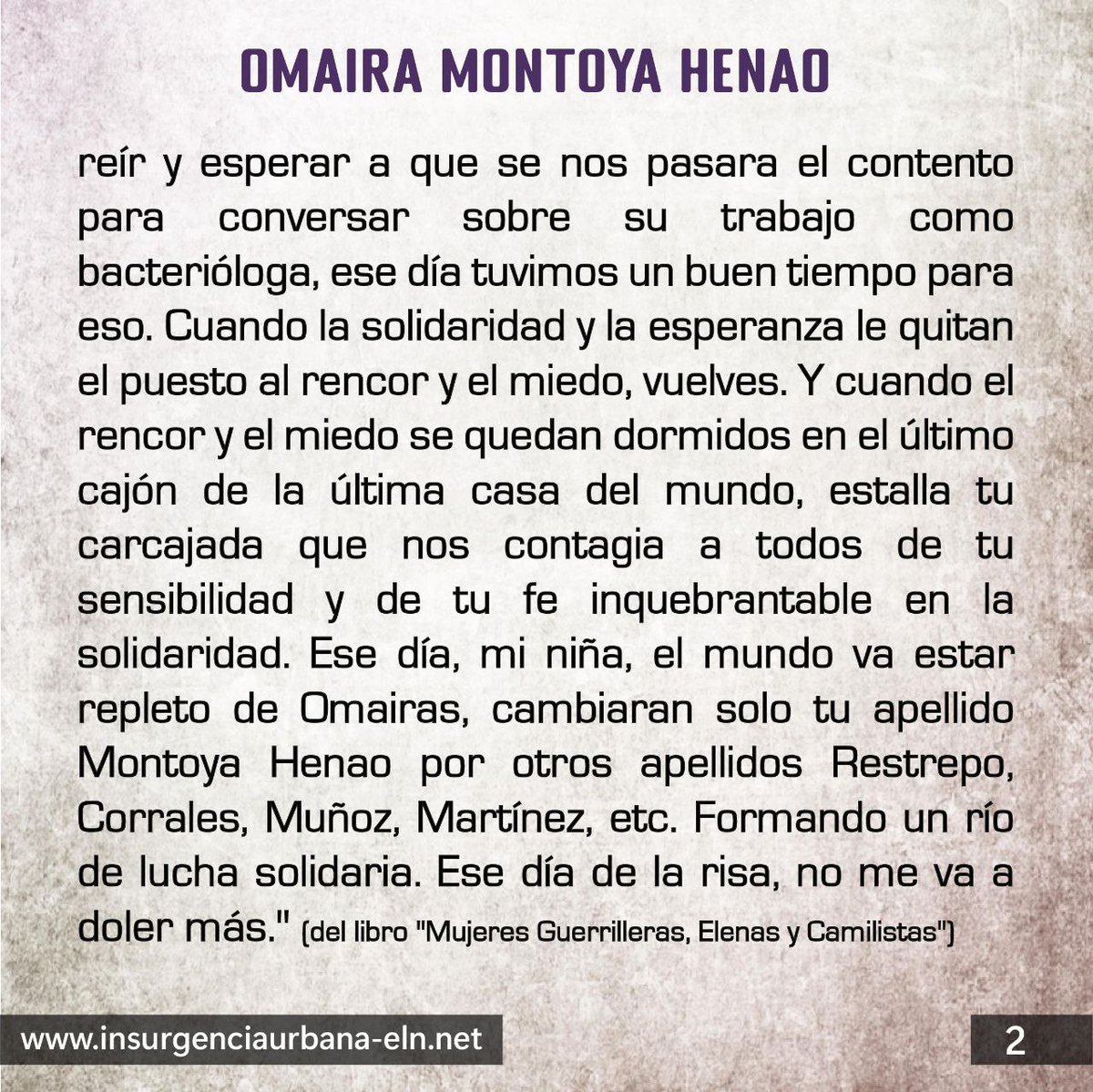 #SomosMujeresRebeldes

Omaira Montoya Henao
🔴⚫ Mujer insurgente. Detenida y desaparecida por el Estado colombiano.

#SiempreJuntoAlPueblo
#InsurgenciaUrbana
#ELN60Años