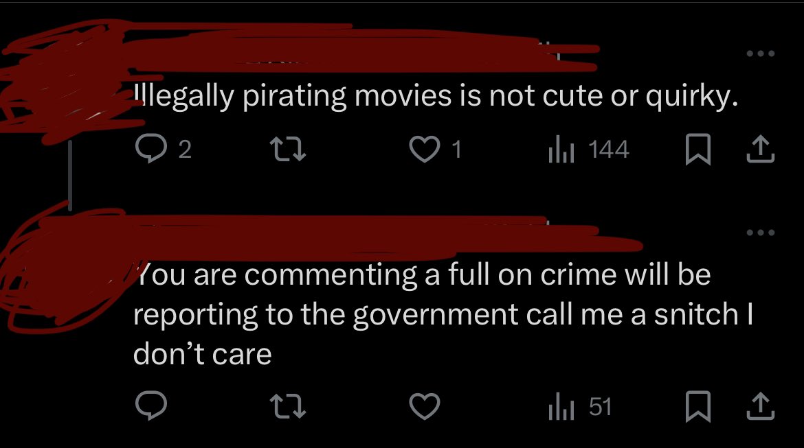 “I can excuse genocide, but I draw the line at pirating a movie”