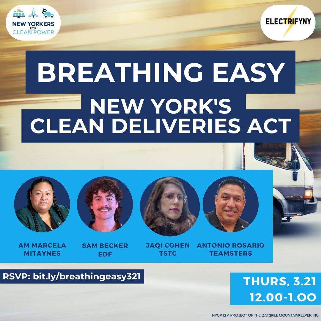 📅  Tune in on 03.21 at noon for a #CleanDeliveries Teach-In with @Electrify_NY & @nyforcleanpower 

Hear from:
🚛 AM @MMitaynes 
🚛 Sam Becker of @EnvDefenseFund 
🚛 Jaqi Cohen of @Tri_State
🚛 Antonio Rosario of @Teamsters 

Register today: bit.ly/breathingeasy3…